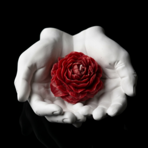 Gipsowe dłonie z piwonią z wosku pszczelego